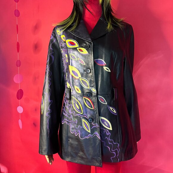 Upcycled Abstract Neon Leather Jacket – Hand-Painted Festival & Street Style - Picture 3 of 12